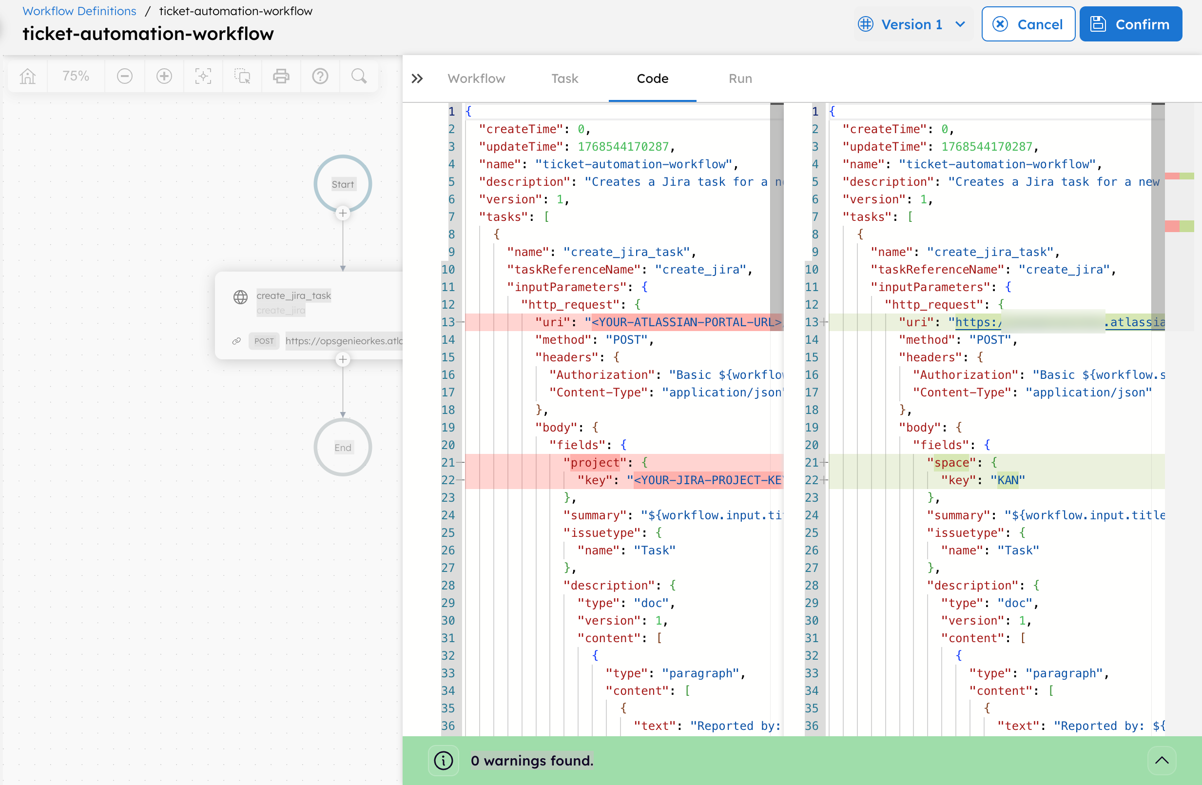 Orkes Conductor UI displaying the workflow changes made