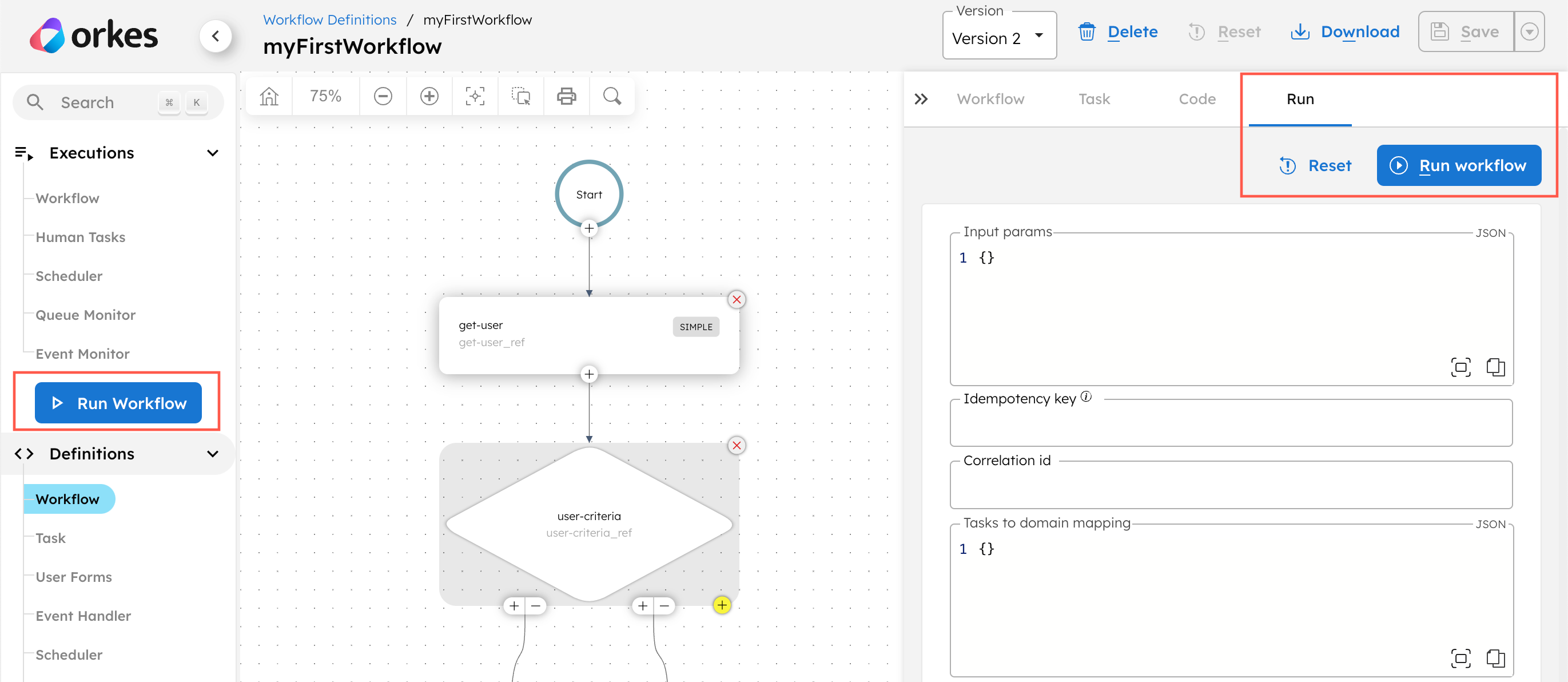 UI screen for before v5.1.2, with Run Workflow in the left navigation menu and Run tab in a workflow definition's visual diagram editor.