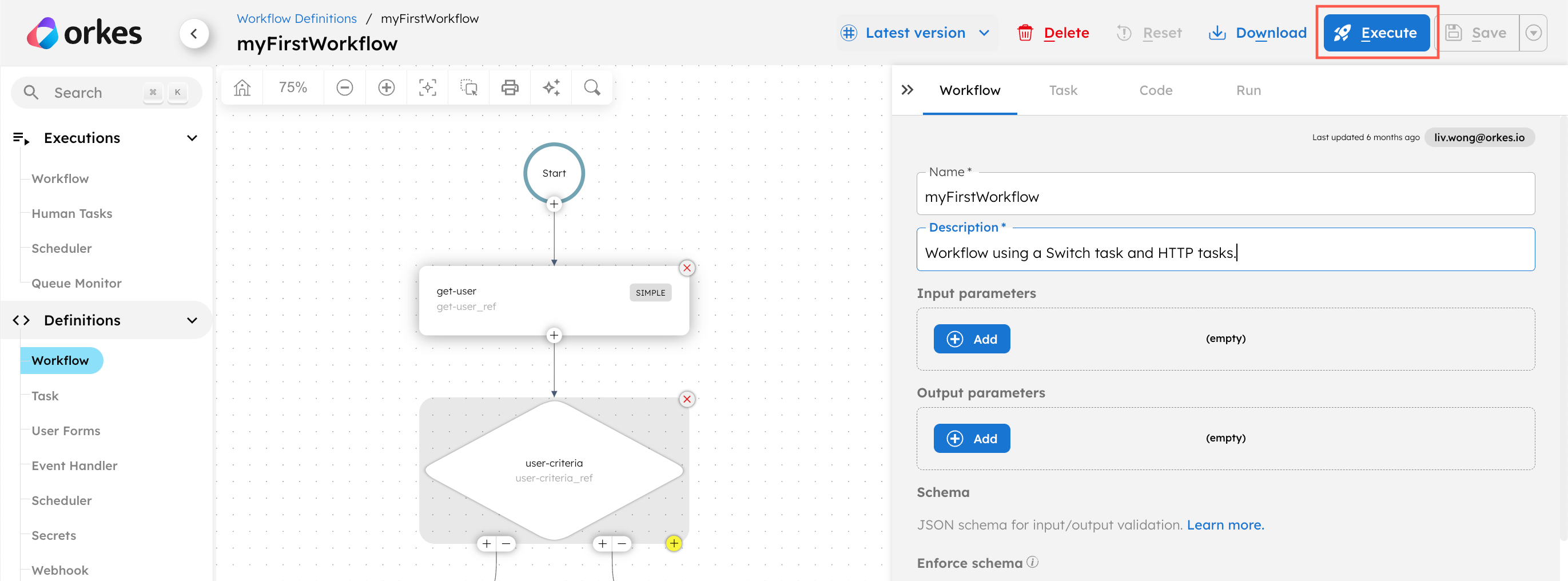 UI screen for after v5.1.2, with Execute button in a workflow definition's visual diagram editor.