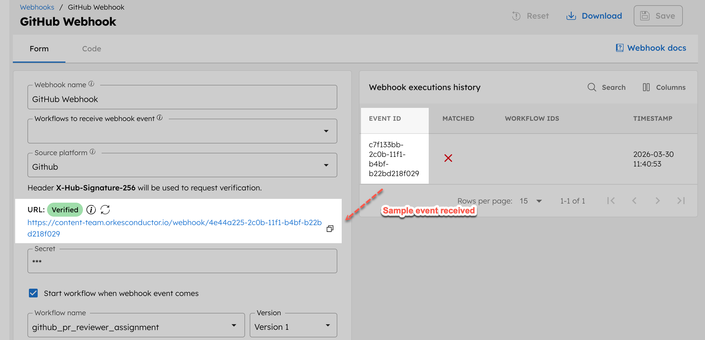 GitHub webhook verified in Conductor