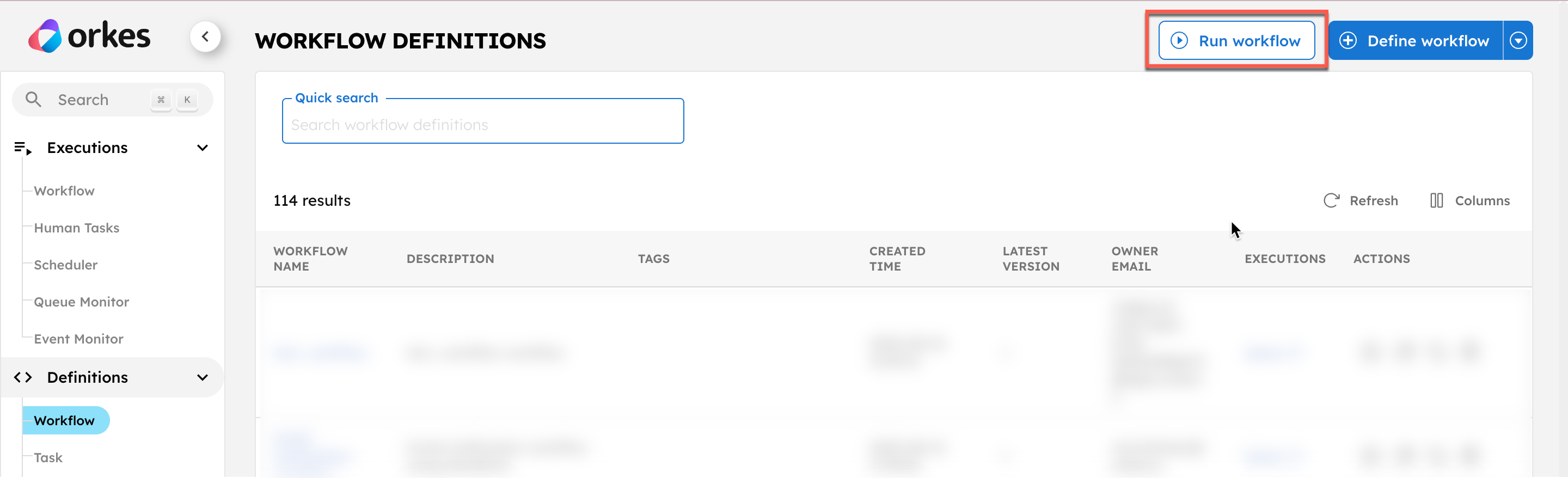 UI screen for Run Workflow in the top navigation menu in Executions to Workflow.