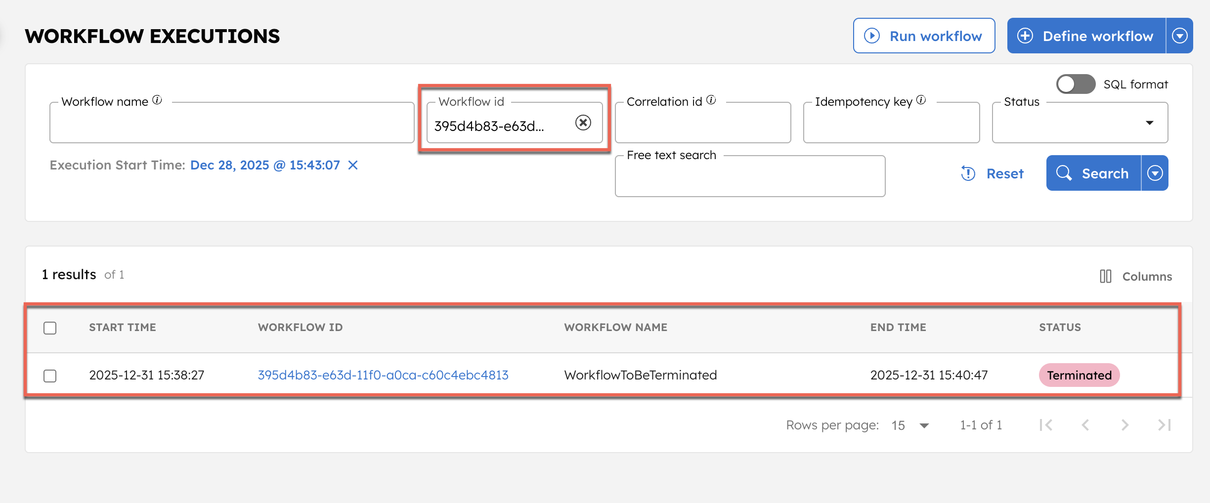 Verifying the terminated workflow from executions