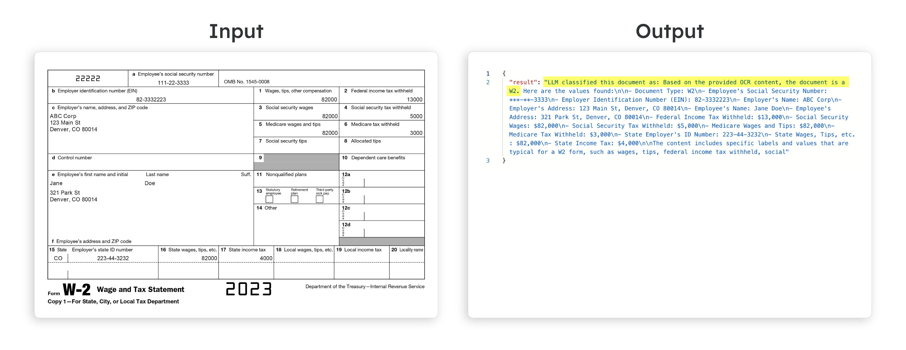 Sample test run with a W2 document