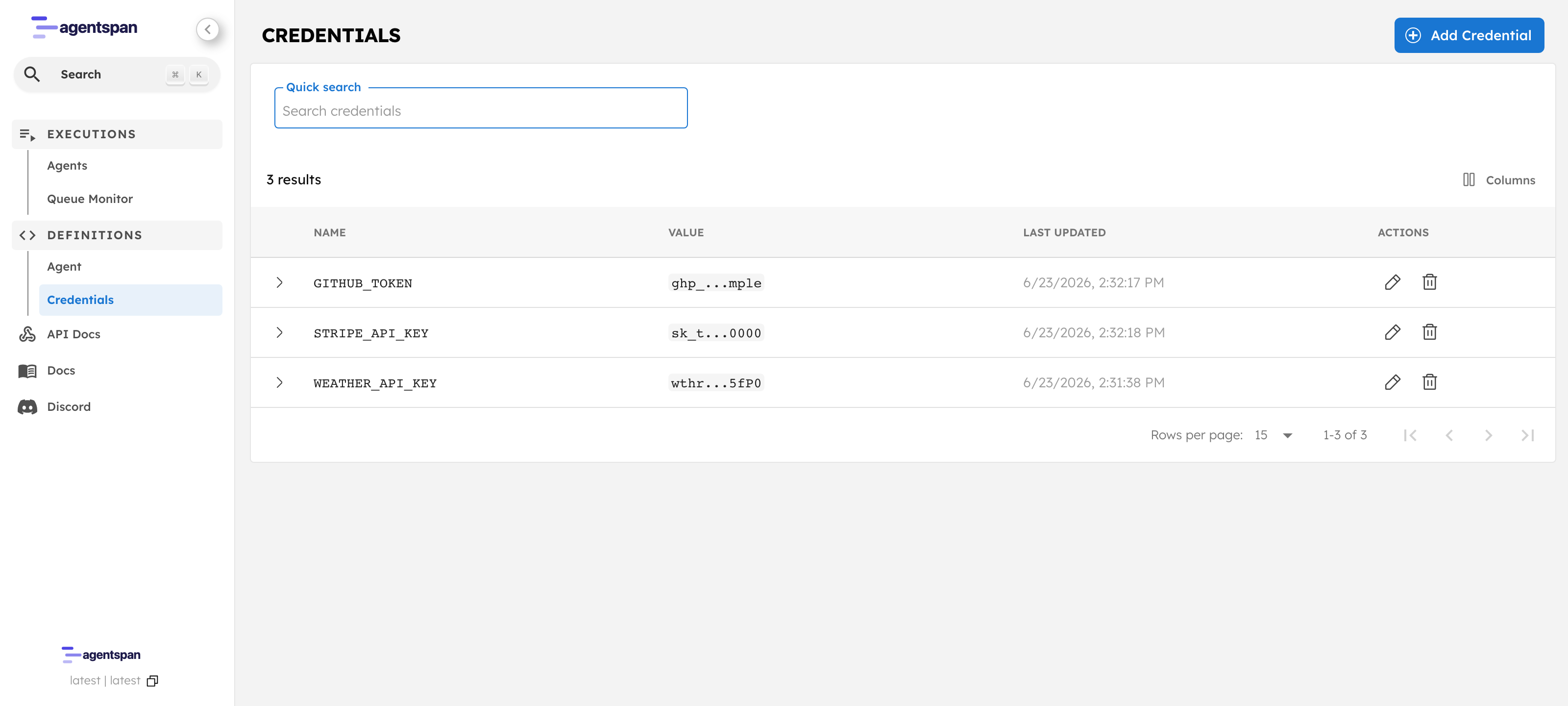 Conductor credential store listing three credentials with masked values
