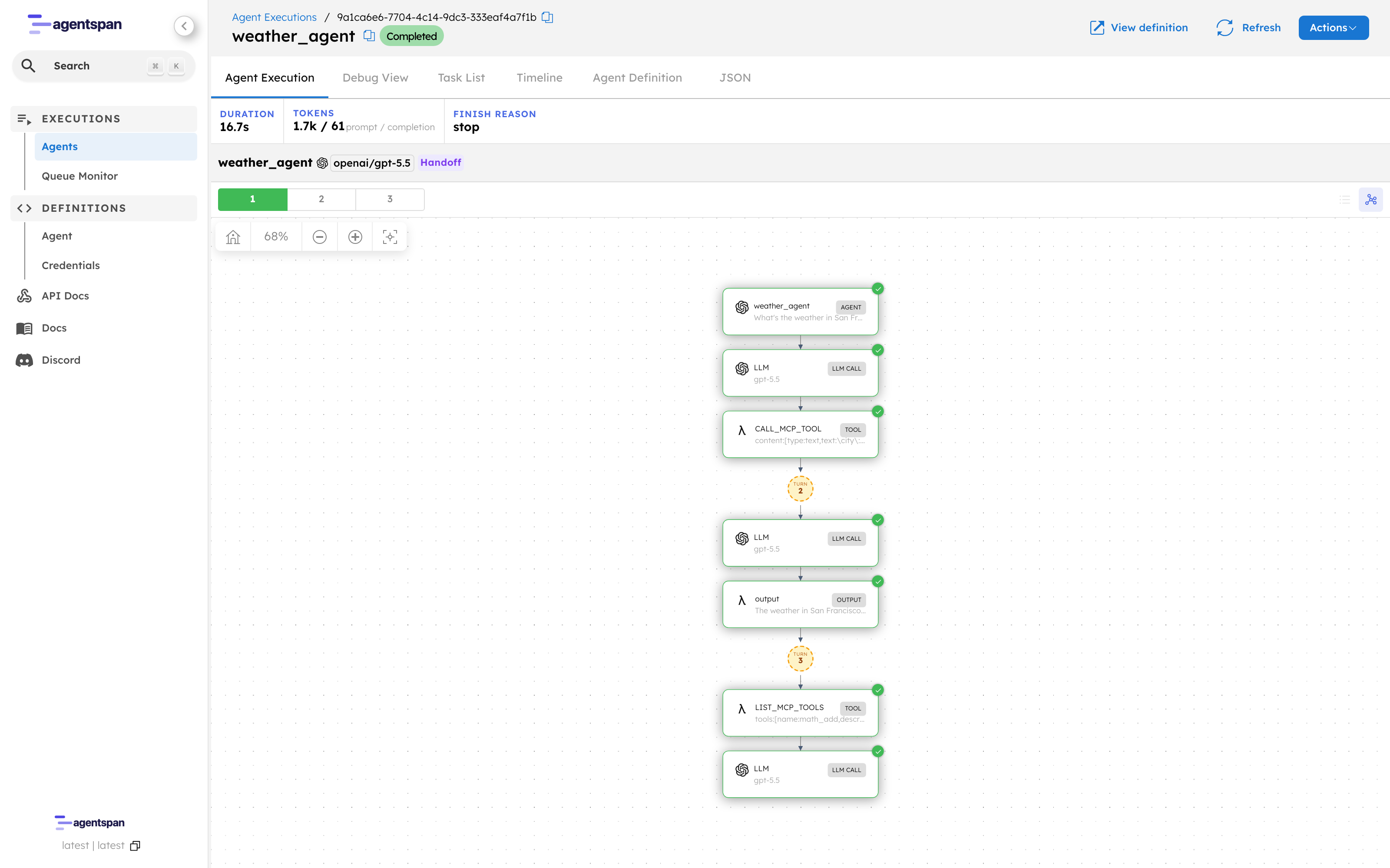 Conductor execution graph showing LIST_MCP_TOOLS and CALL_MCP_TOOL running server-side