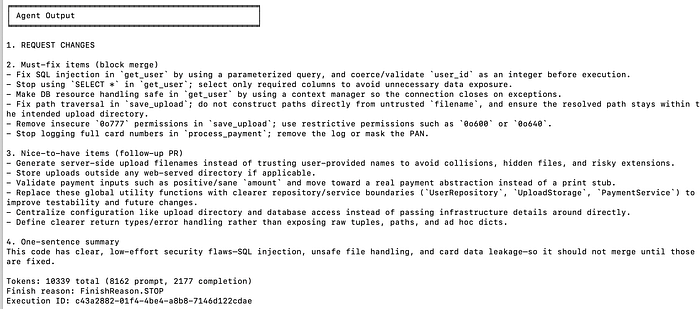 Conductor UI showing the final summarized verdict for the code review debate.