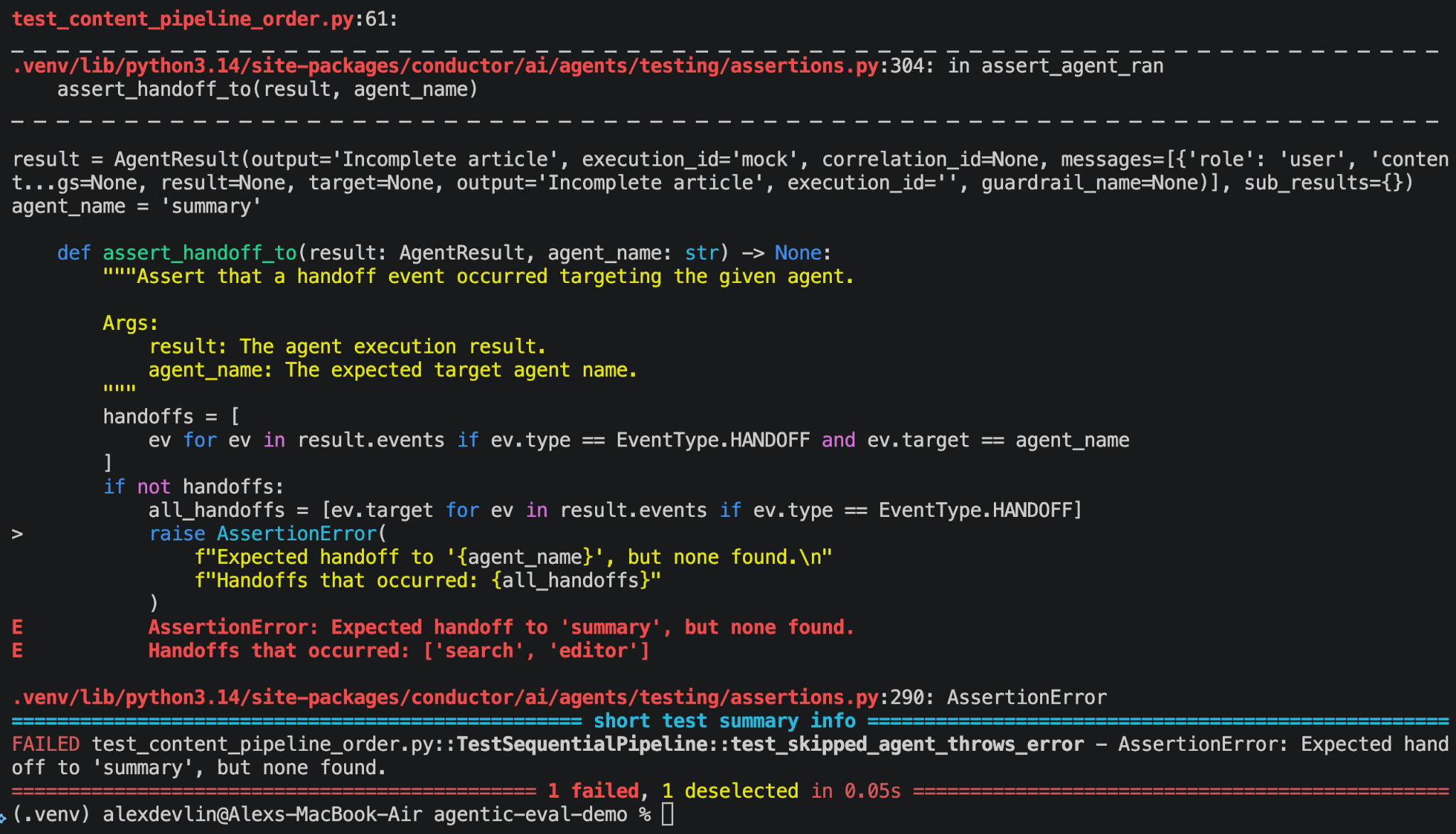 Terminal output from the pytest run: assert_agent_ran raises an AssertionError because no handoff to the summary agent occurred