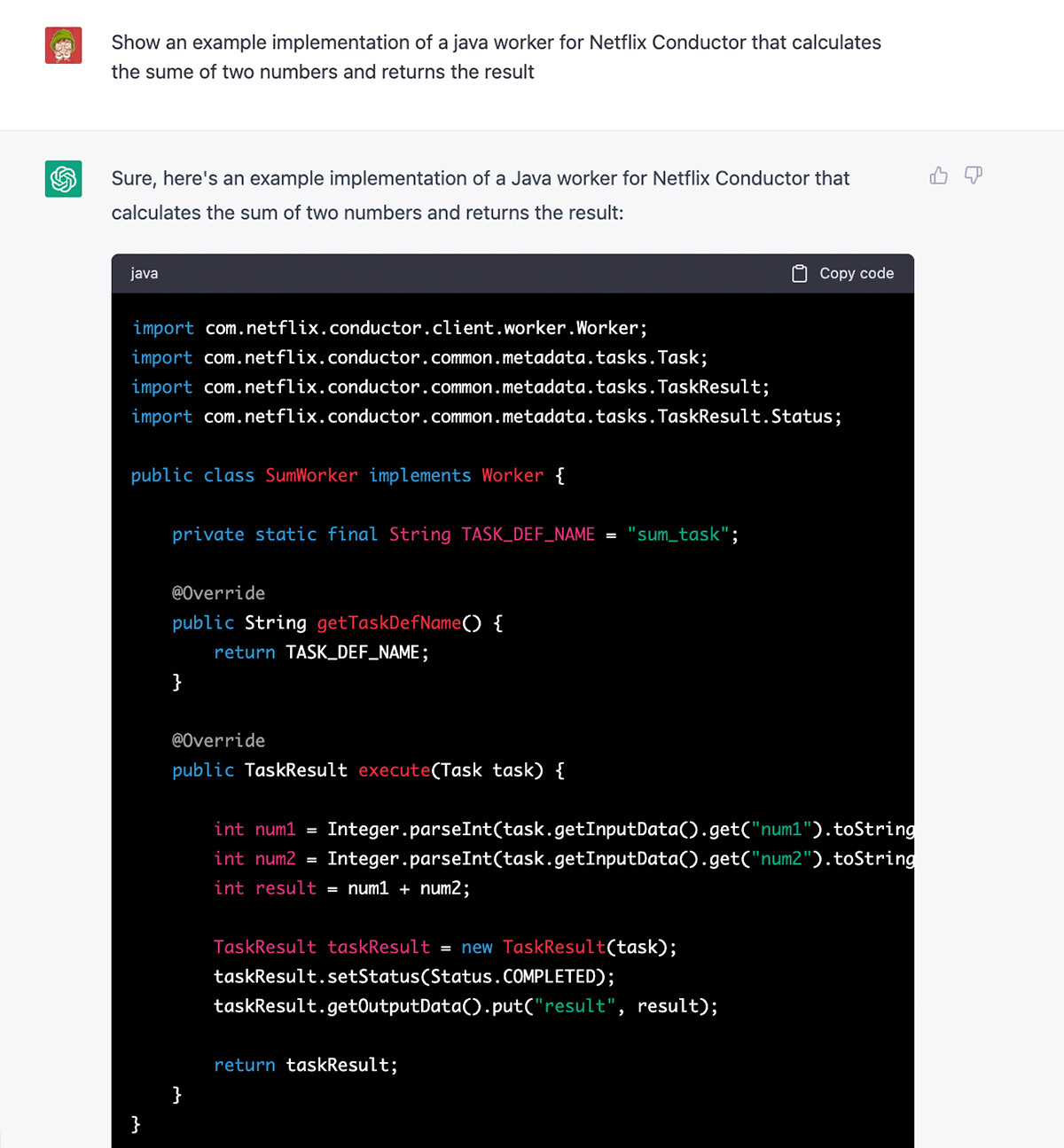 ChatGPT generated Java worker for Netflix Conductor